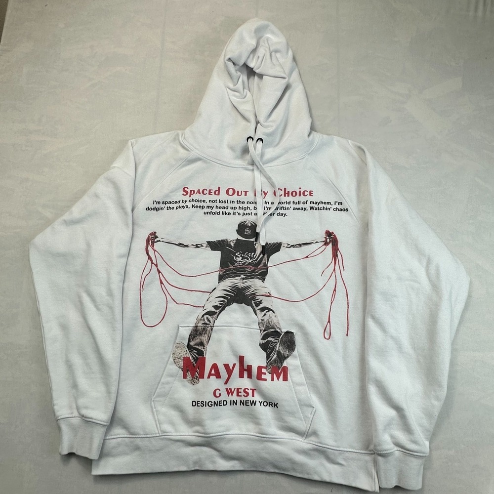 G West Hoodie Mens L White Spaced Out By Choice Graphic Print Kangaroo Pocket